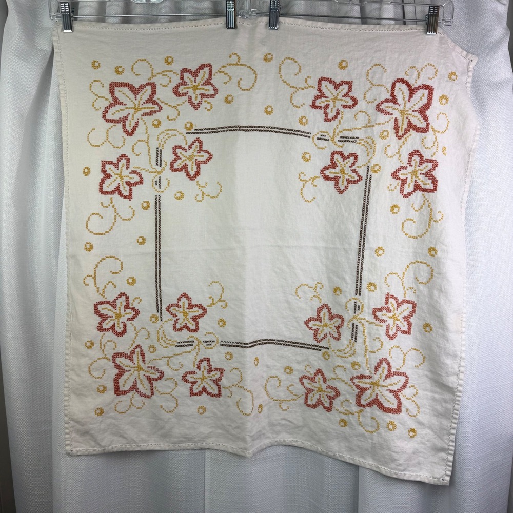 Vintage Hand Embroidered Linen Tablecloth Square Cross Stitch Floral 31.5 x 30.5